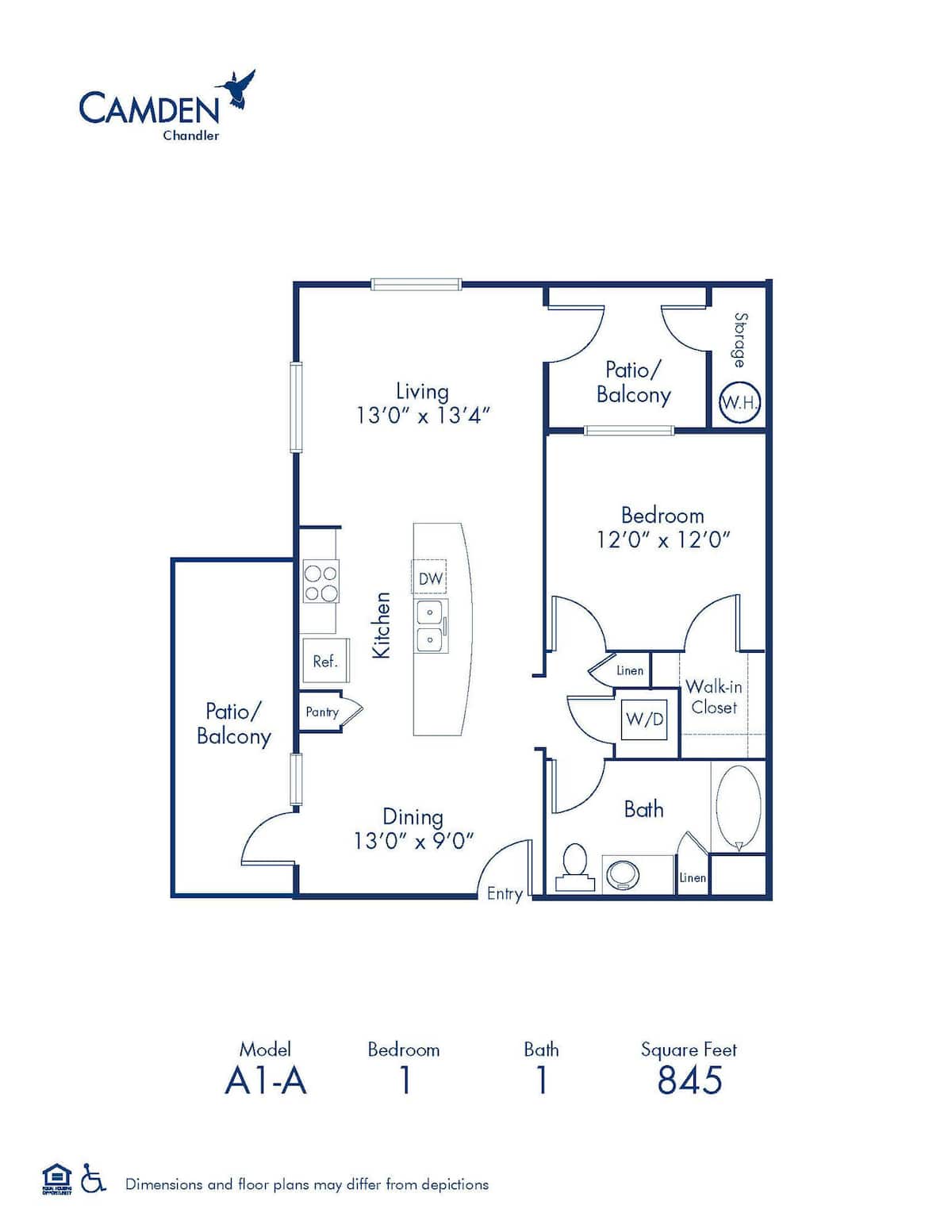 Floorplan diagram for A1.A, showing 1 bedroom