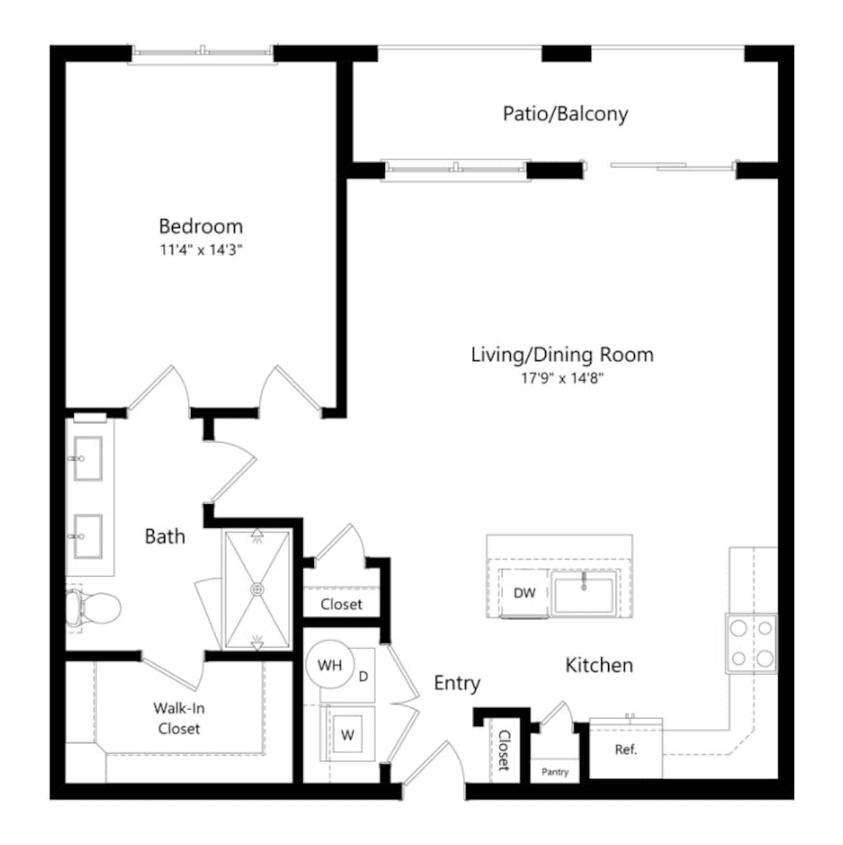 Floorplan diagram for B, showing 1 bedroom