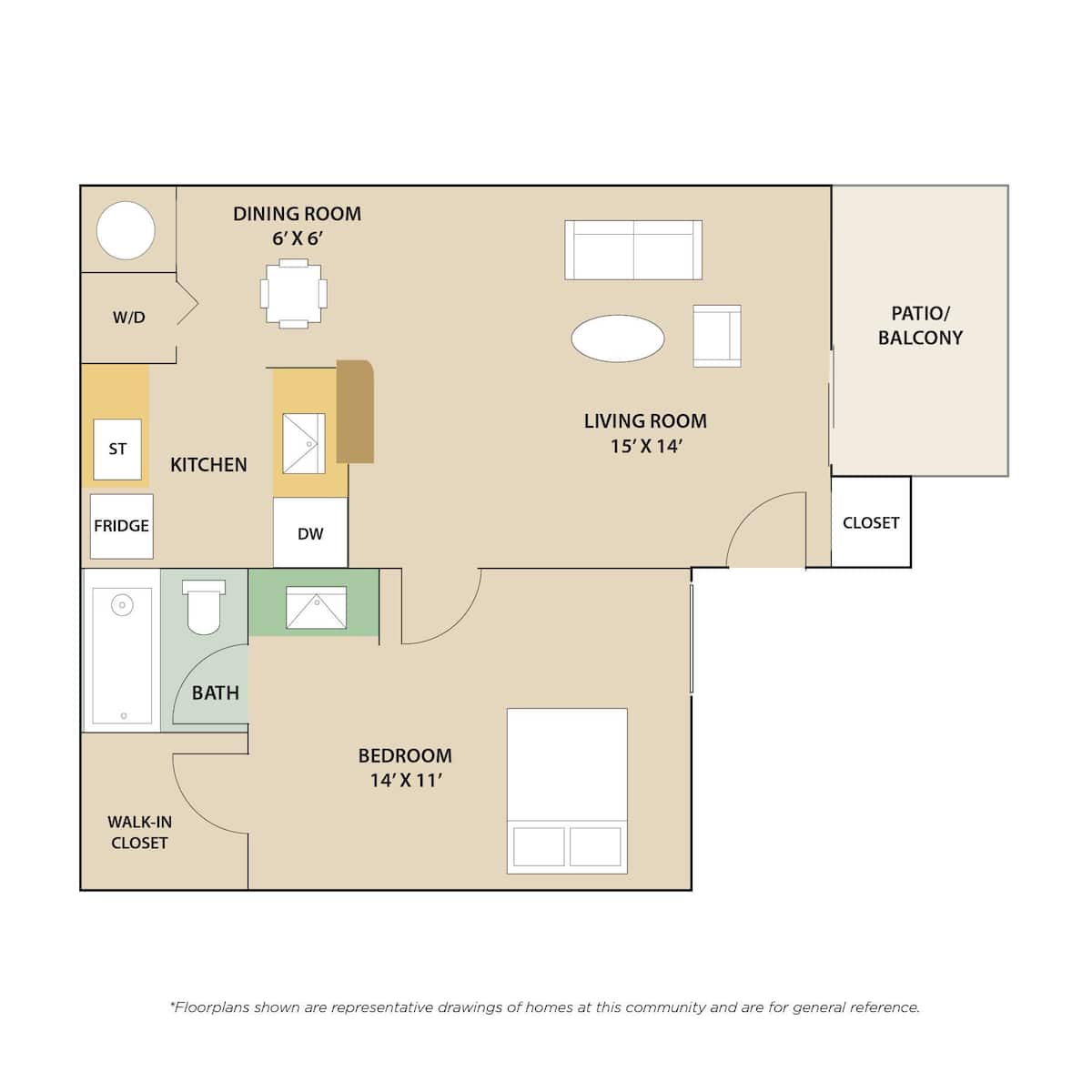 Floorplan diagram for The Hampton, showing 1 bedroom