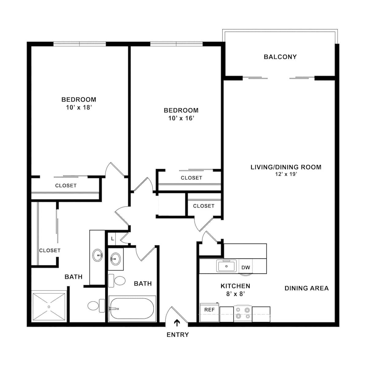 Floorplan diagram for Brentwood Unrenovated, showing 2 bedroom