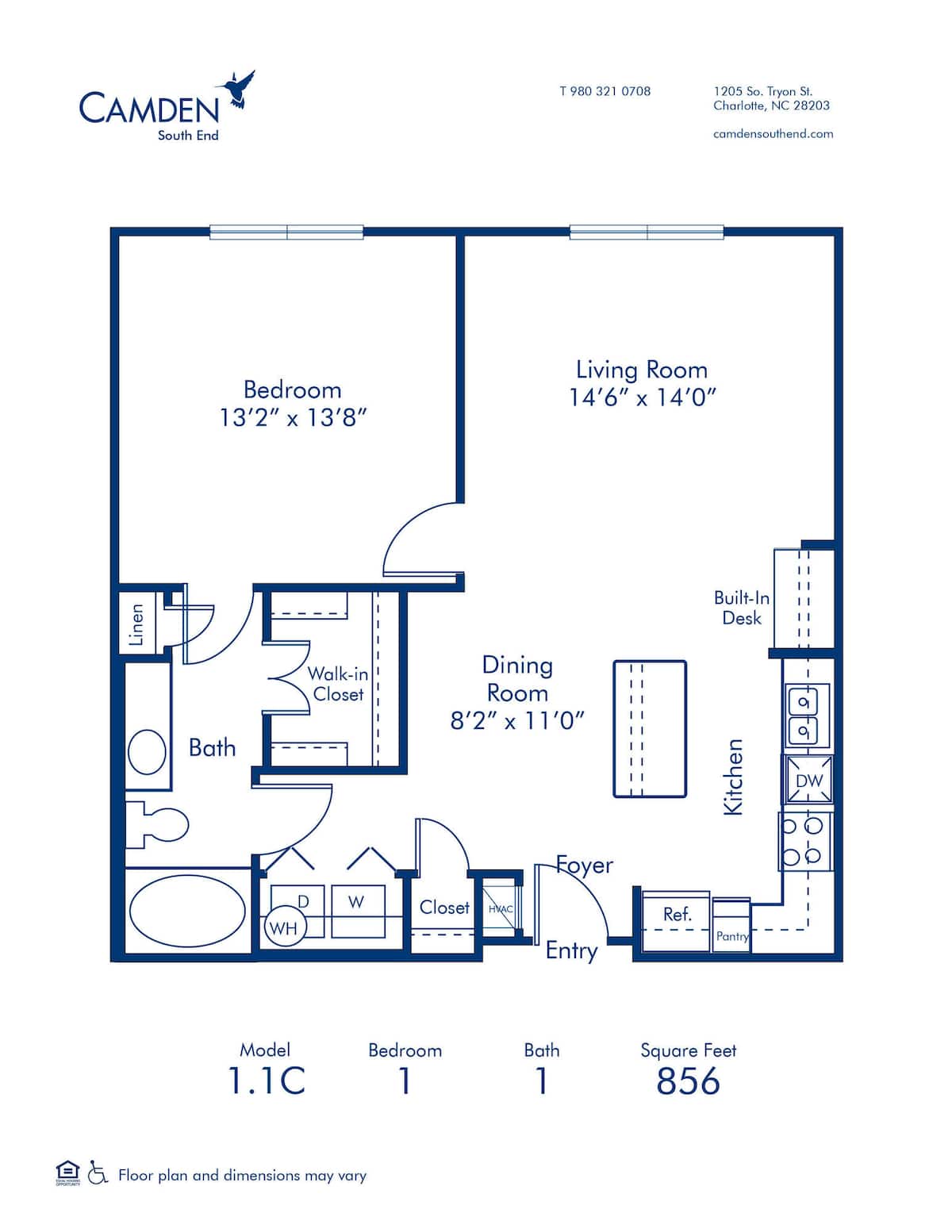 Floorplan diagram for 1.1C, showing 1 bedroom