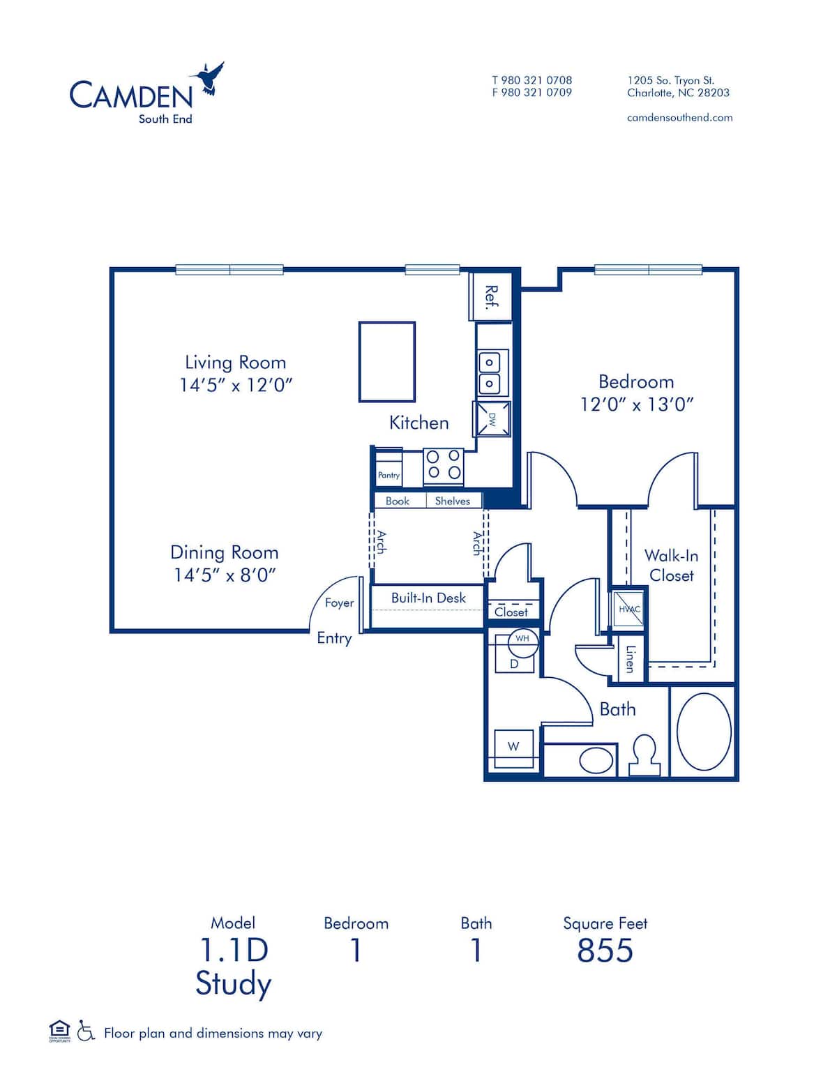 Floorplan diagram for 1.1D, showing 1 bedroom