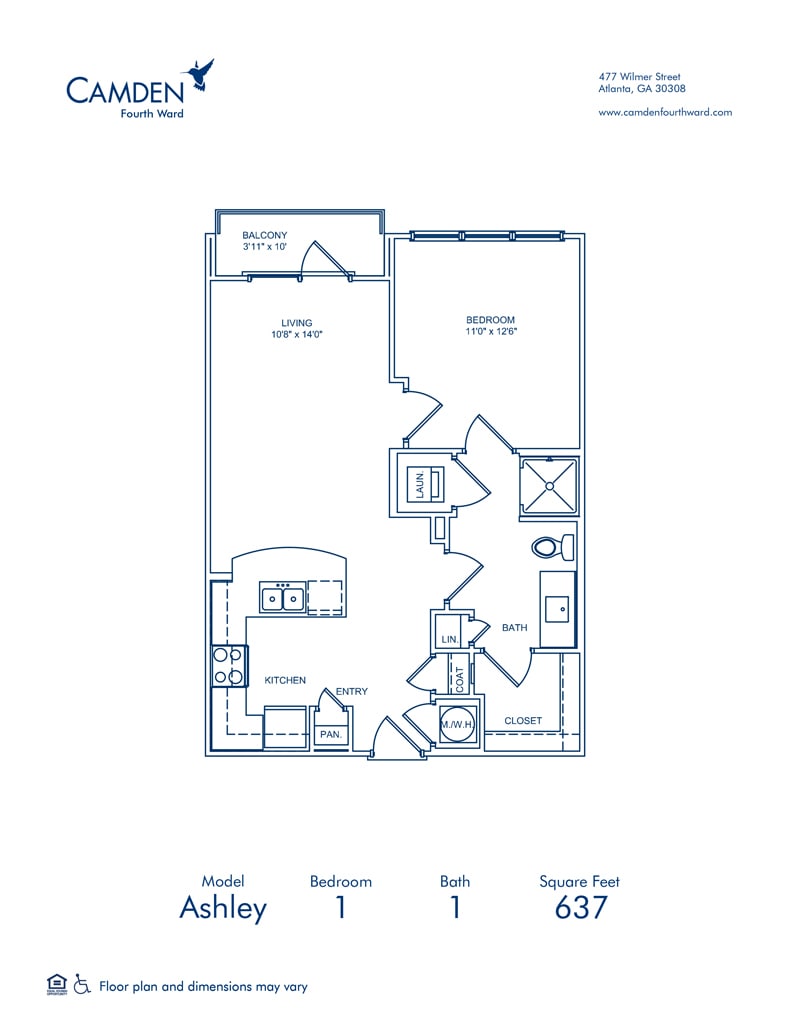 Floorplan diagram for Ashley, showing 1 bedroom