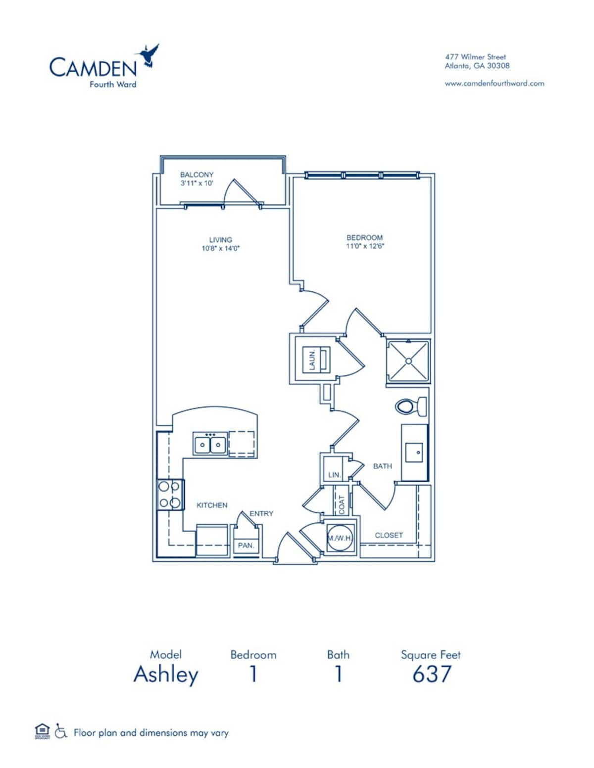 Floorplan diagram for Ashley, showing 1 bedroom