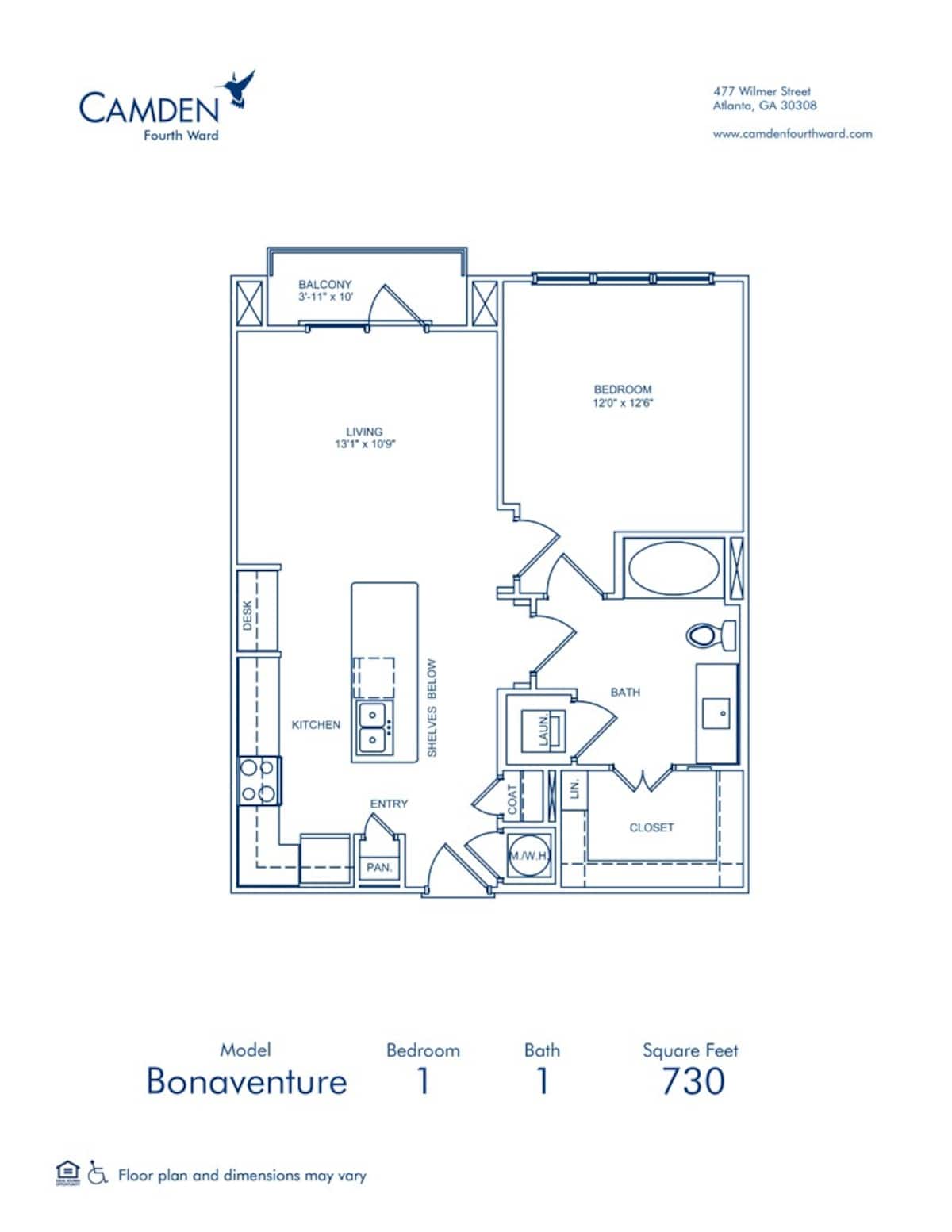 Floorplan diagram for Bonaventure, showing 1 bedroom