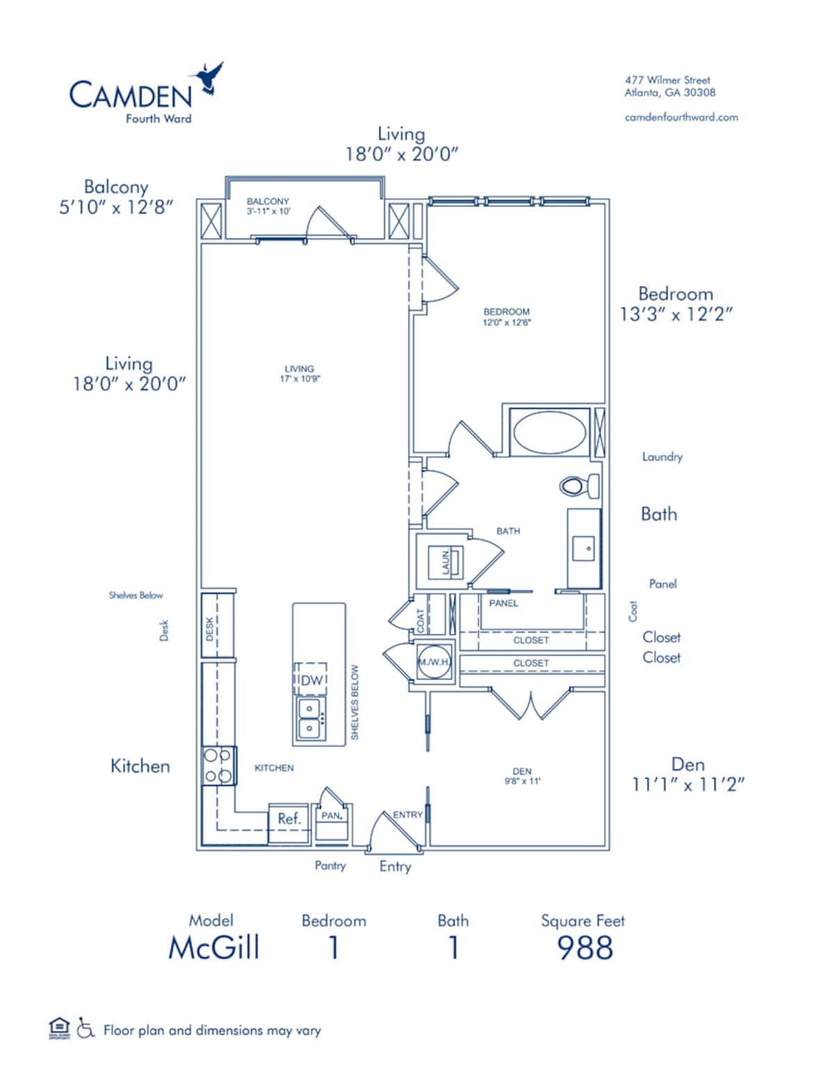Floorplan diagram for McGill, showing 1 bedroom