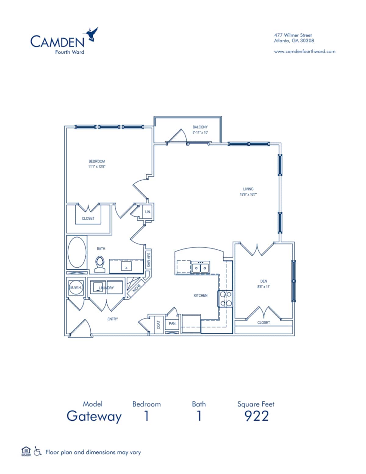 Floorplan diagram for Gateway, showing 1 bedroom