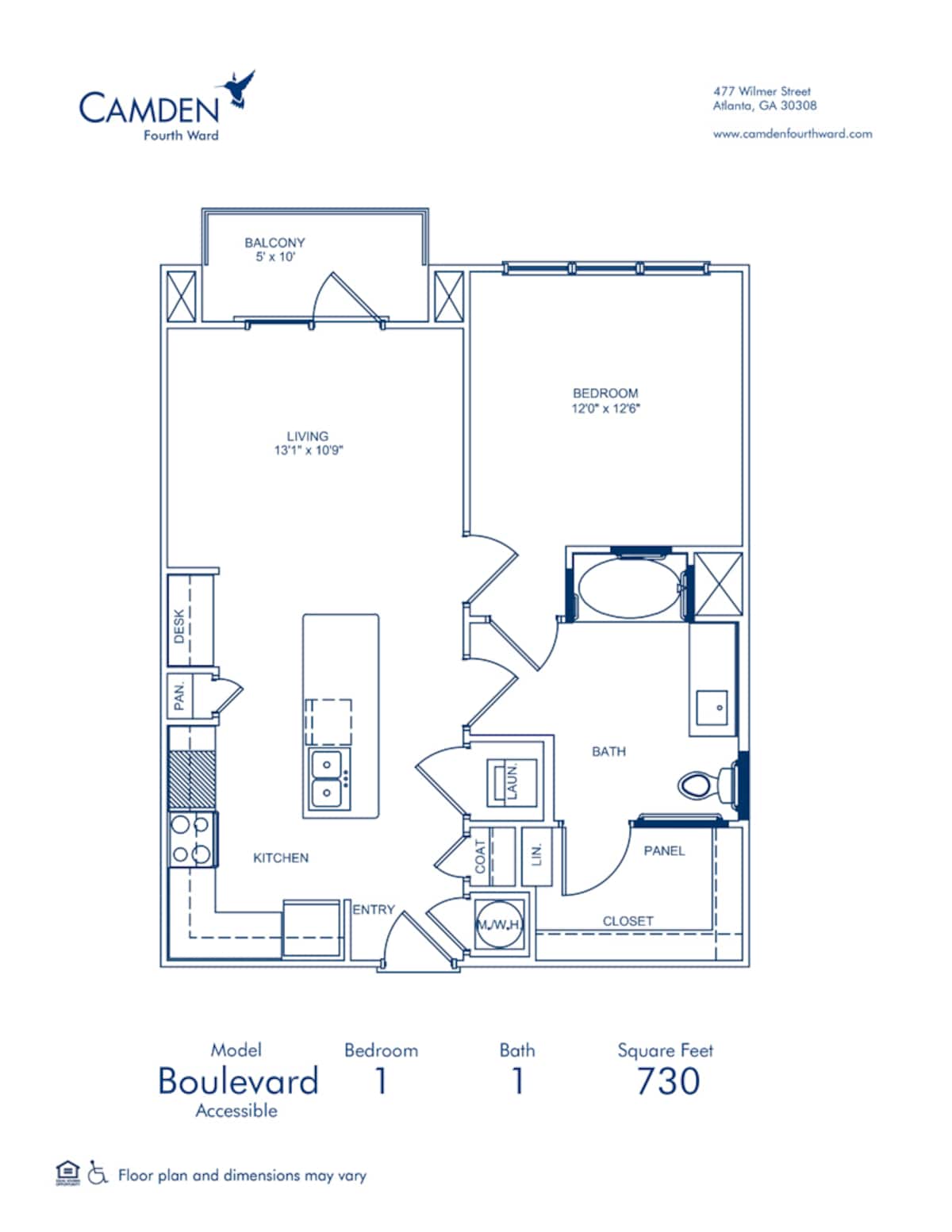 Floorplan diagram for Boulevard - ADA, showing 1 bedroom