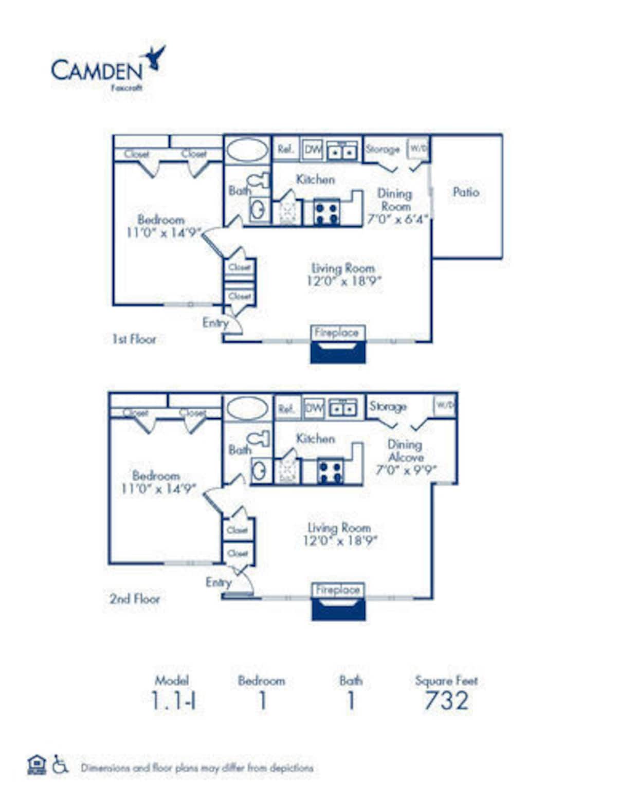 Floorplan diagram for 1.1, showing 1 bedroom