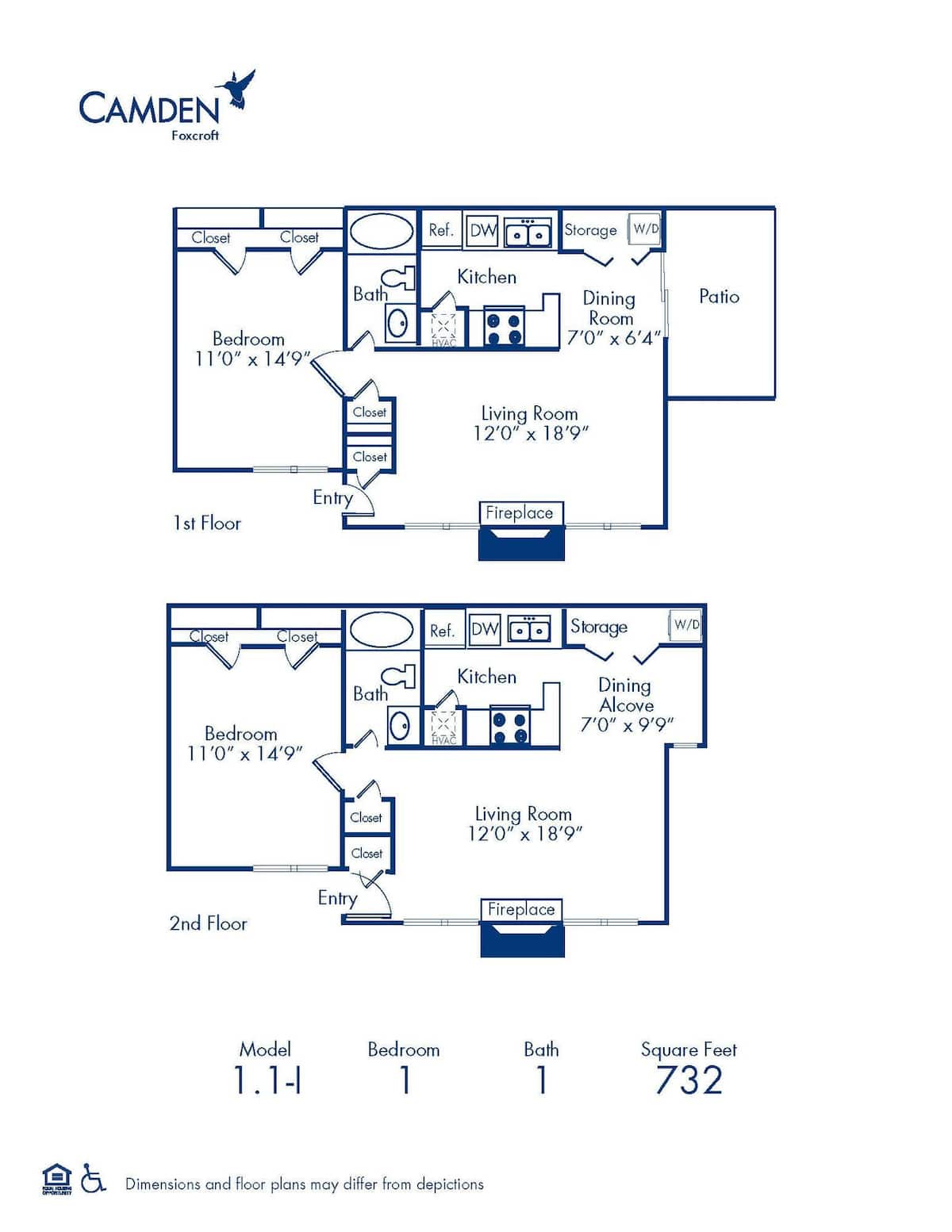 Floorplan diagram for 1.1, showing 1 bedroom