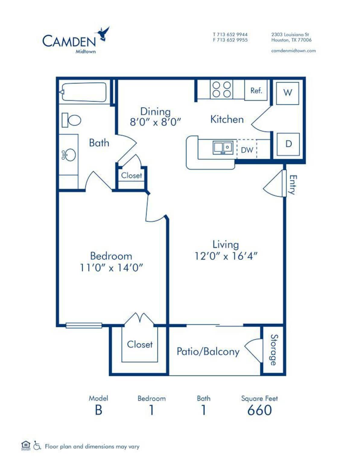 Floorplan diagram for B, showing 1 bedroom