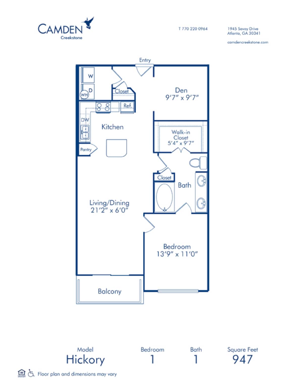 Floorplan diagram for Hickory, showing 1 bedroom