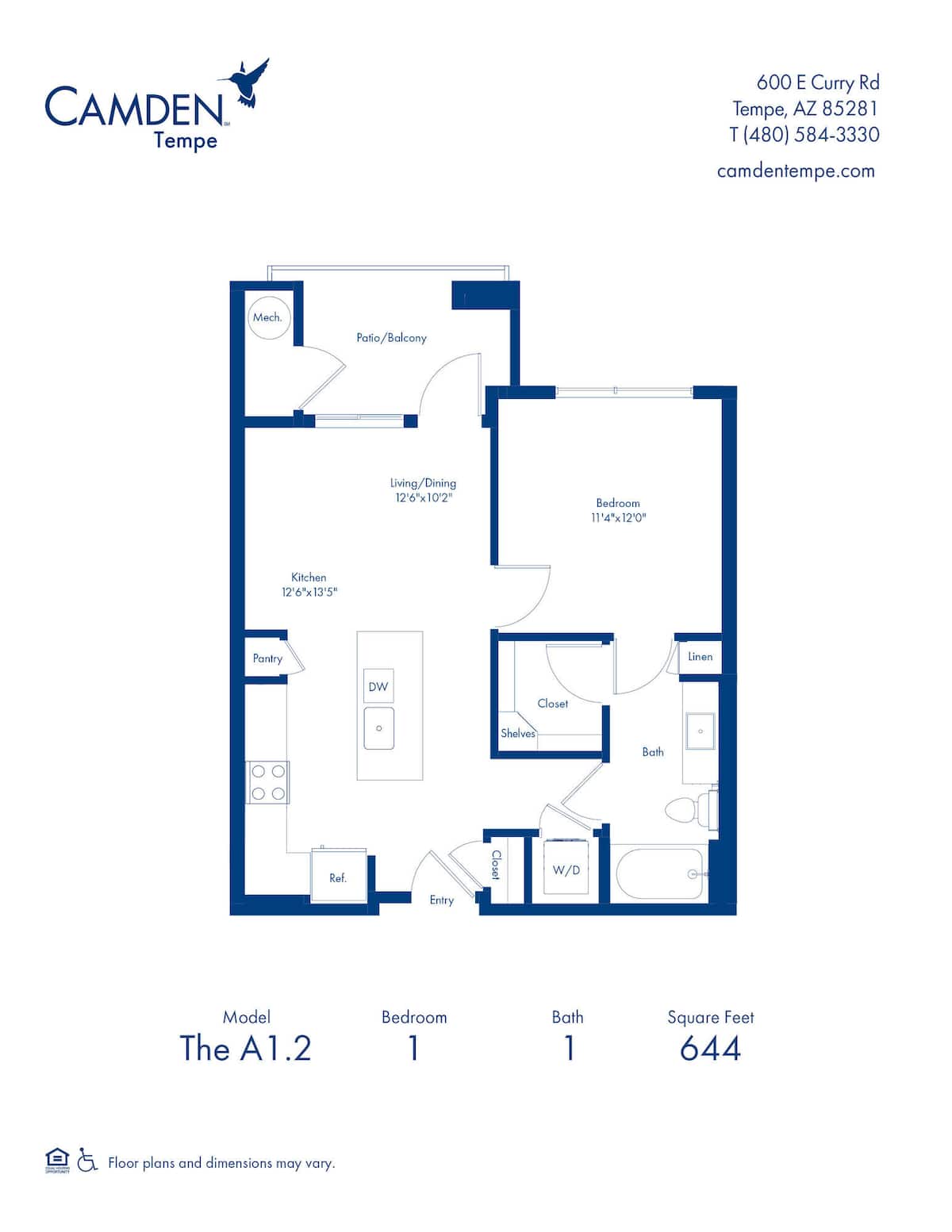 Floorplan diagram for A1.2, showing 1 bedroom