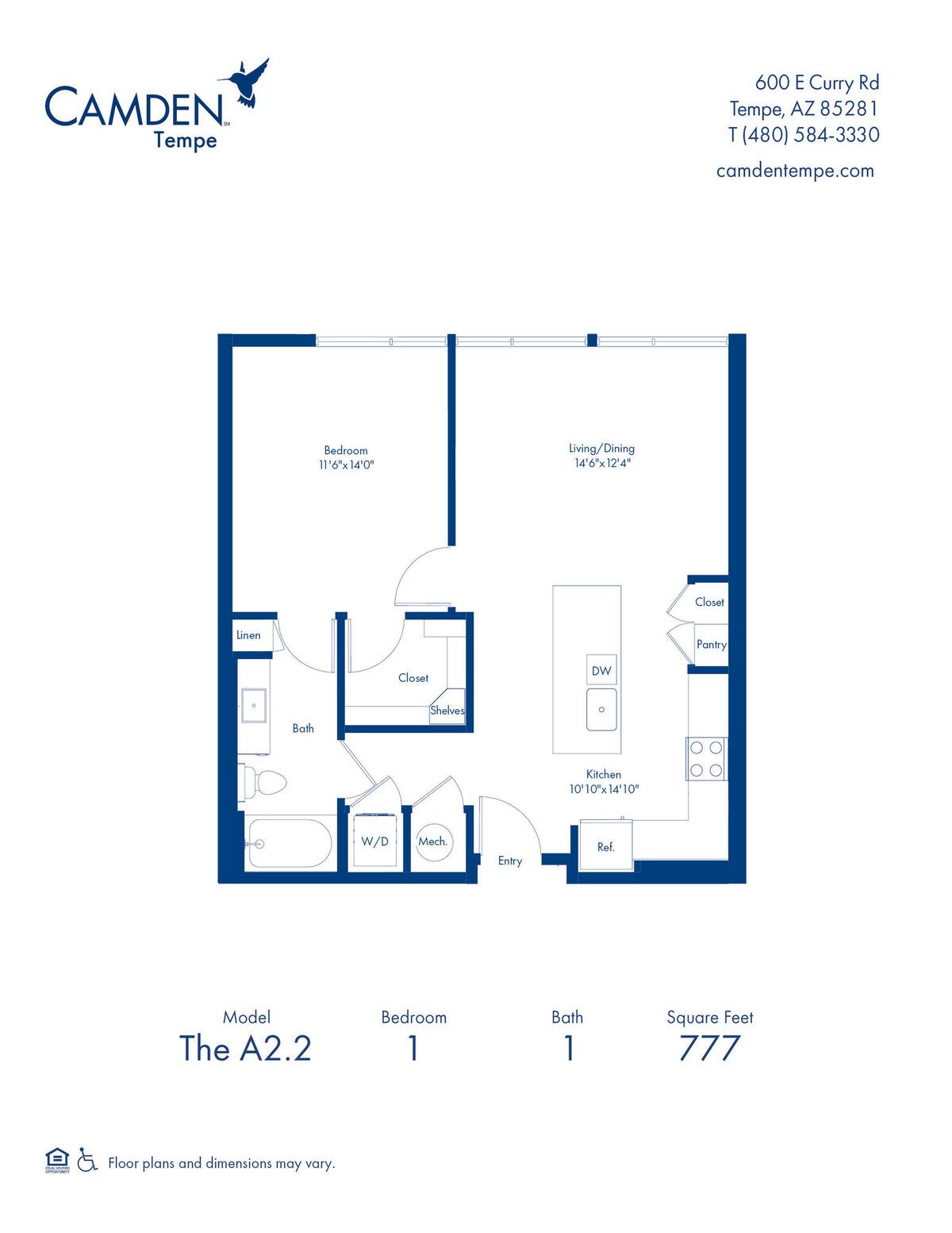 Floorplan diagram for A2.2, showing 1 bedroom