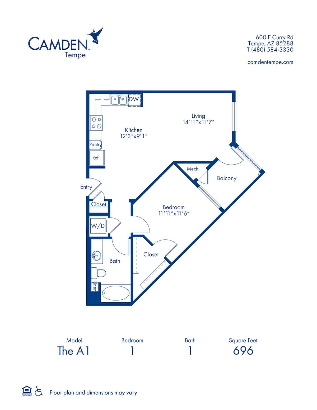 Floorplan diagram for The A1, showing 1 bedroom