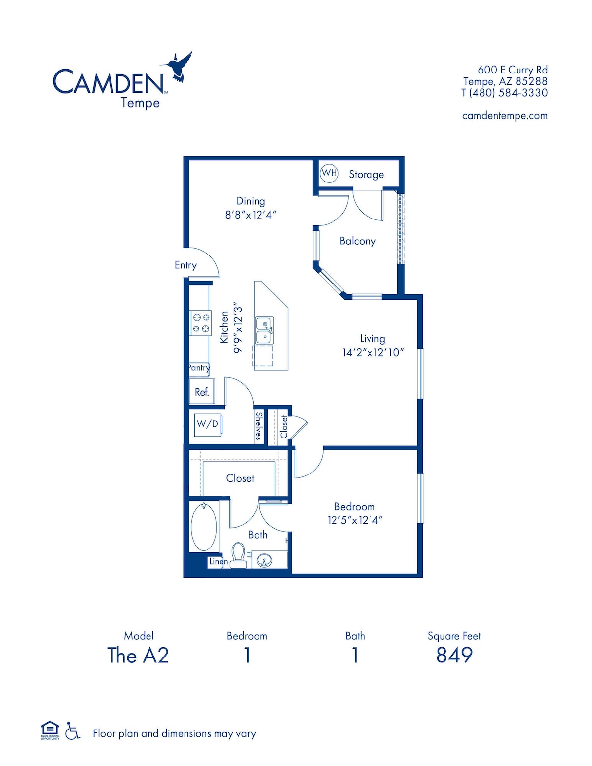 Floorplan diagram for The A2, showing 1 bedroom