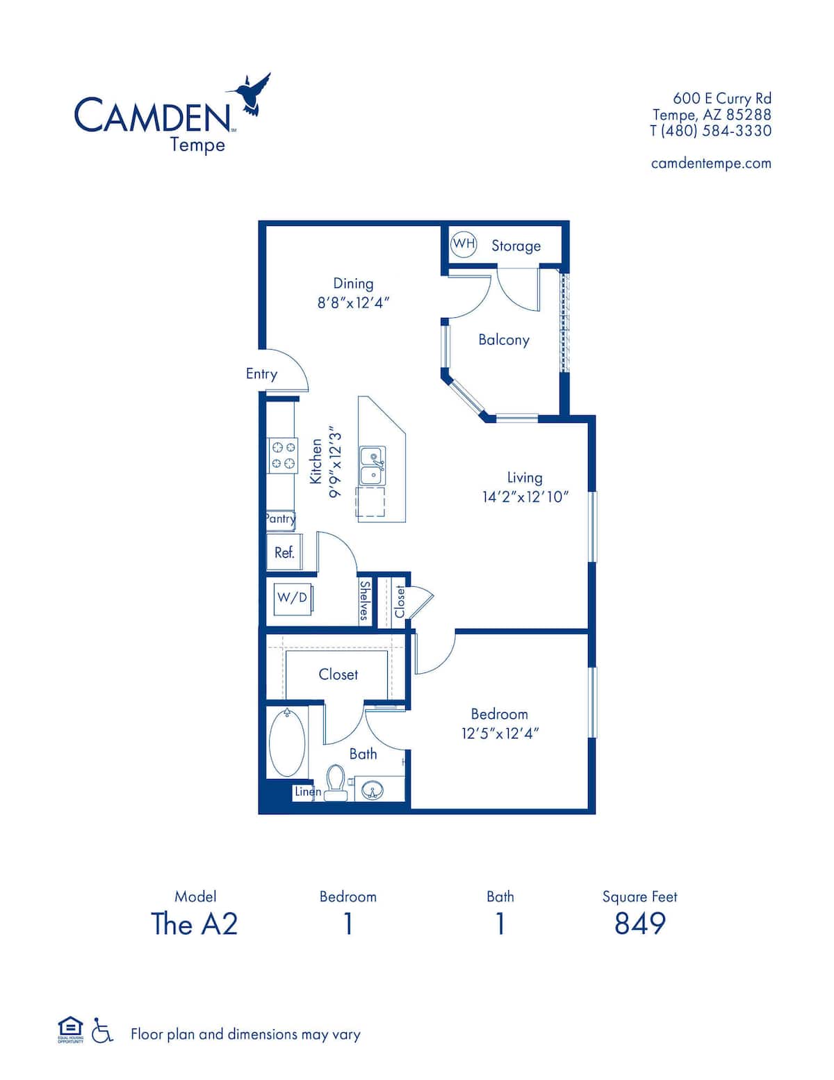 Floorplan diagram for The A2, showing 1 bedroom