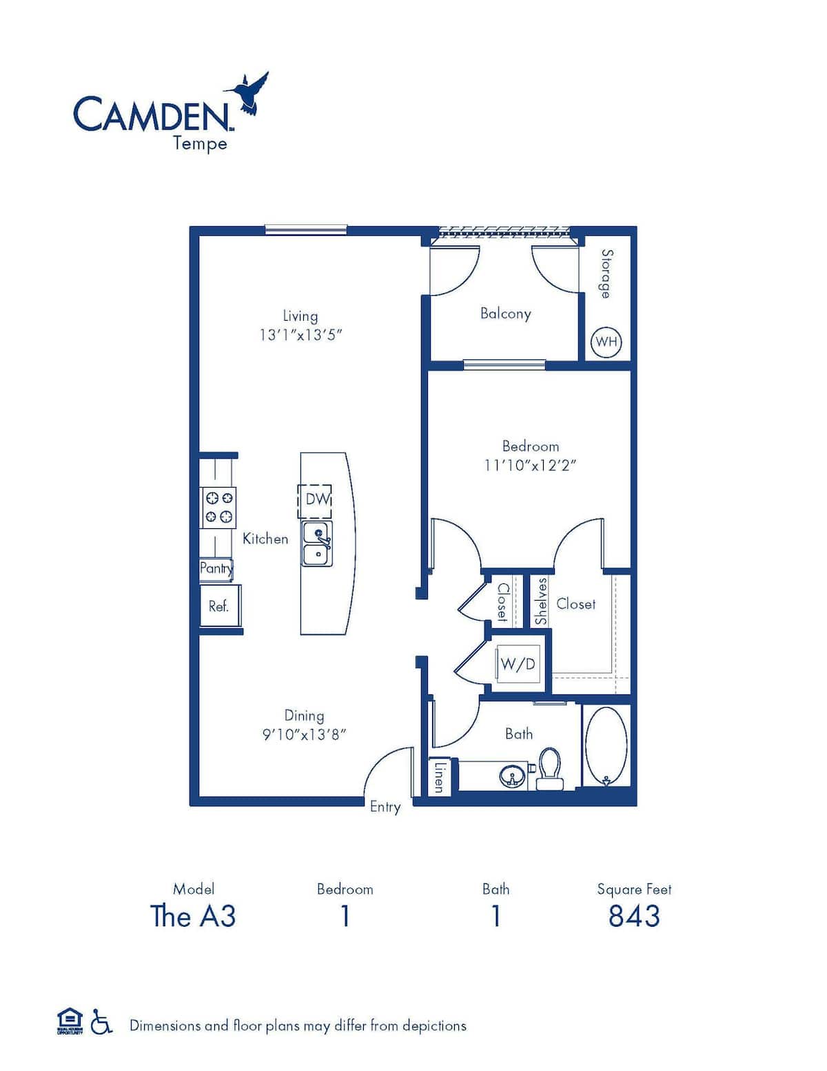 Floorplan diagram for The A3, showing 1 bedroom