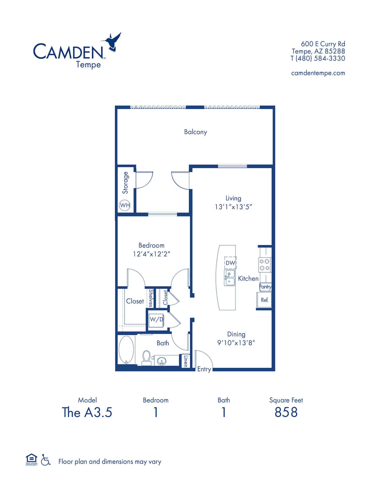 Floorplan diagram for The A3.5, showing 1 bedroom