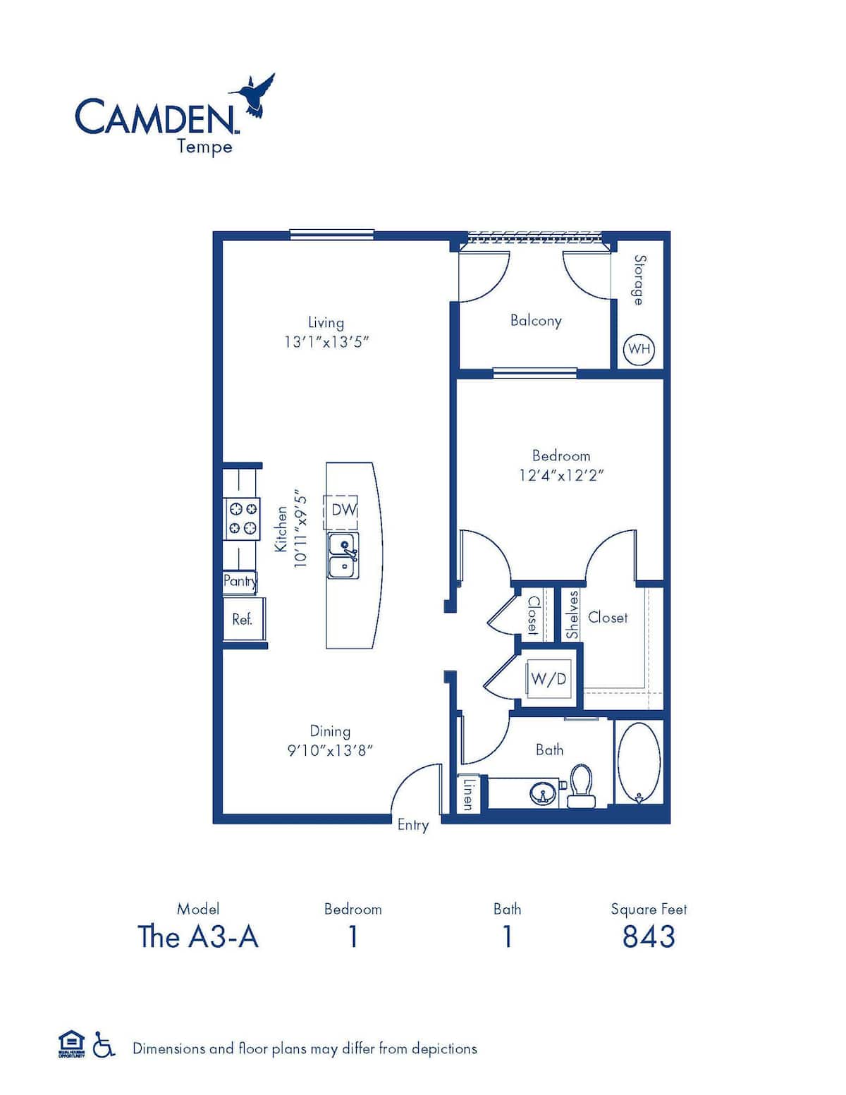 Floorplan diagram for The A3-A, showing 1 bedroom