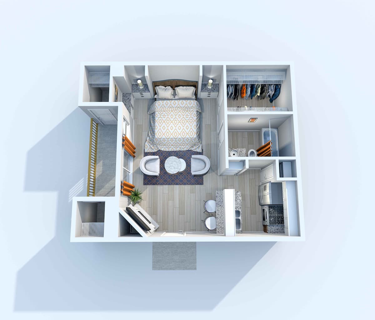 Floorplan diagram for E1, showing Studio