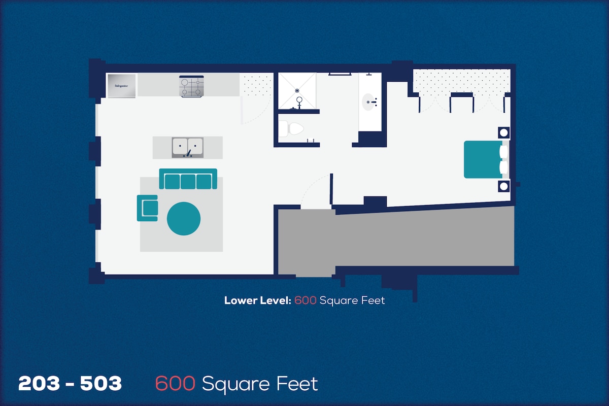 Floorplan diagram for 203, showing 1 bedroom