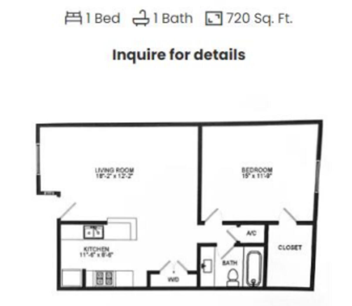 Floorplan diagram for 1x1 A11, showing 1 bedroom
