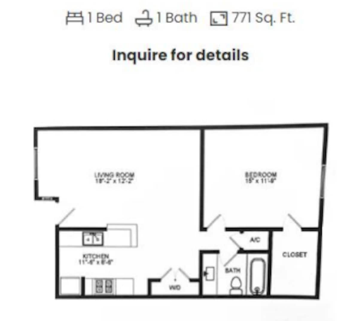 Floorplan diagram for 1x1 A14, showing 1 bedroom