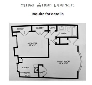 Floorplan diagram for 1x1 A16, showing 1 bedroom