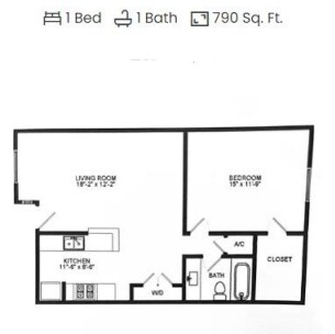 Floorplan diagram for 1x1 A19, showing 1 bedroom