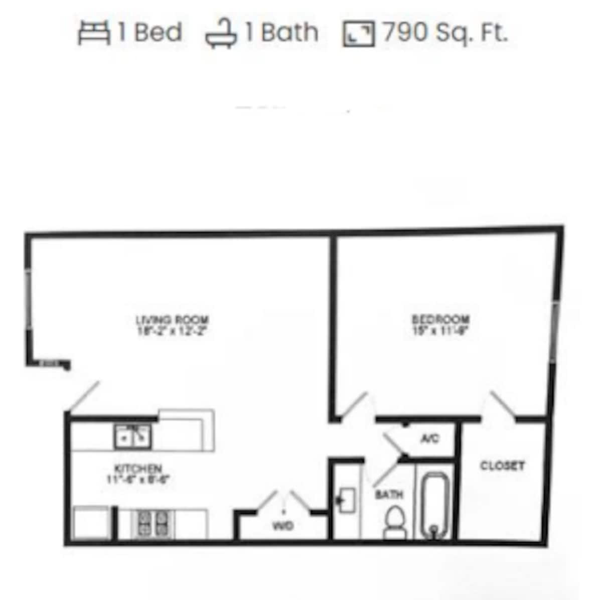 Floorplan diagram for 1x1 A19, showing 1 bedroom