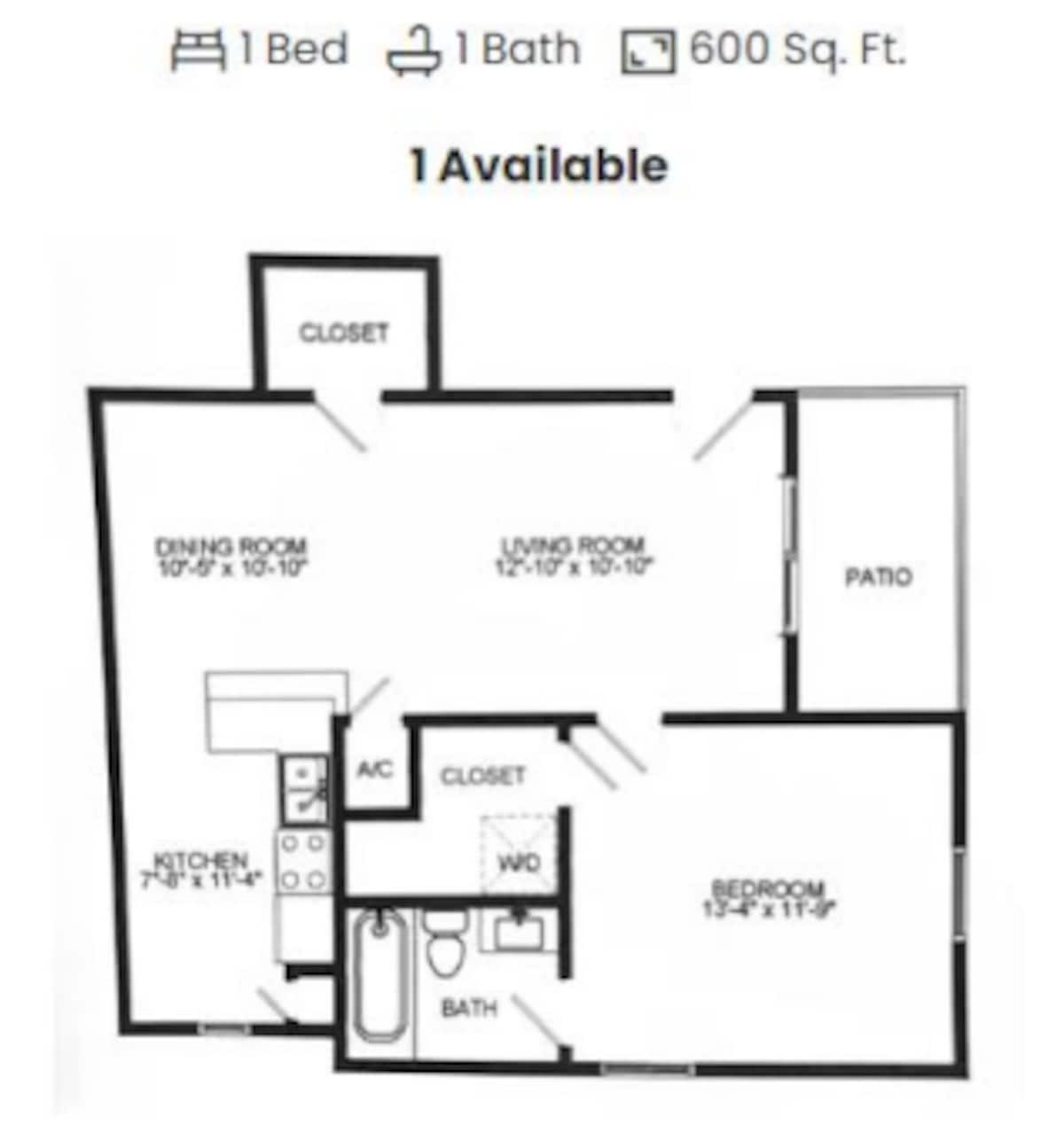 Floorplan diagram for 1x1 A2, showing 1 bedroom