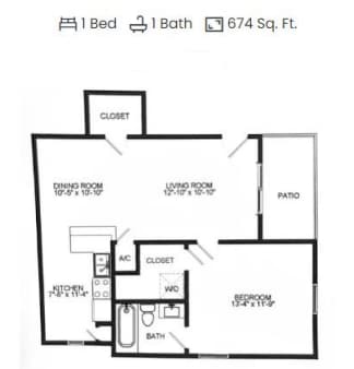 Floorplan diagram for 1x1 A5, showing 1 bedroom