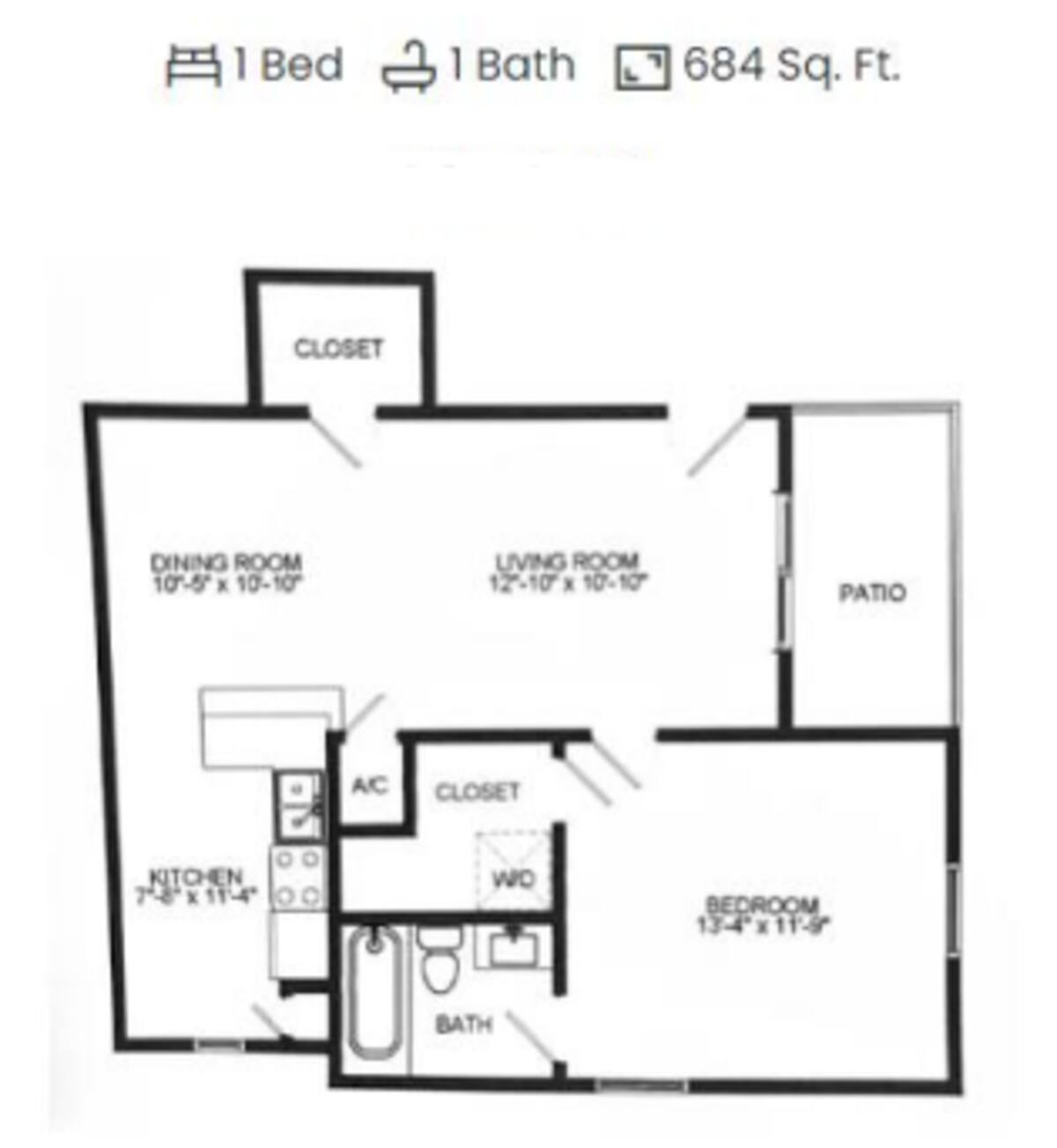 Floorplan diagram for 1x1 A6, showing 1 bedroom