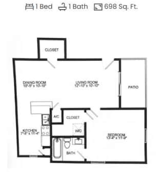 Floorplan diagram for 1x1 A8, showing 1 bedroom