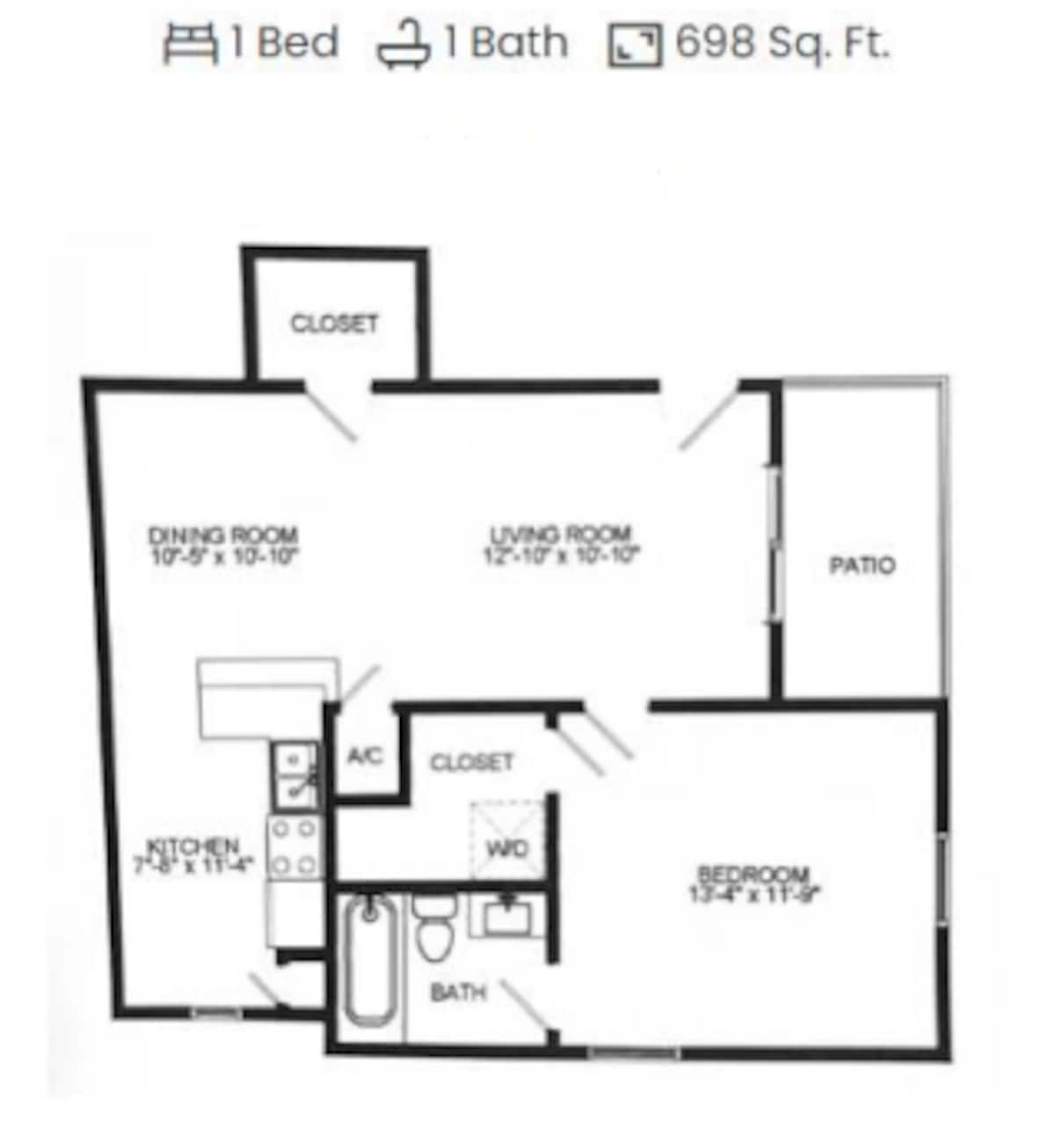 Floorplan diagram for 1x1 A8, showing 1 bedroom