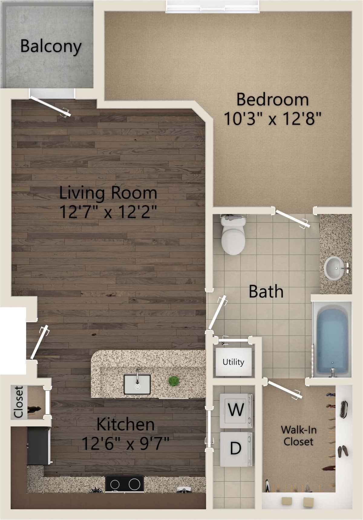 Floorplan diagram for Hawthorne, showing 1 bedroom