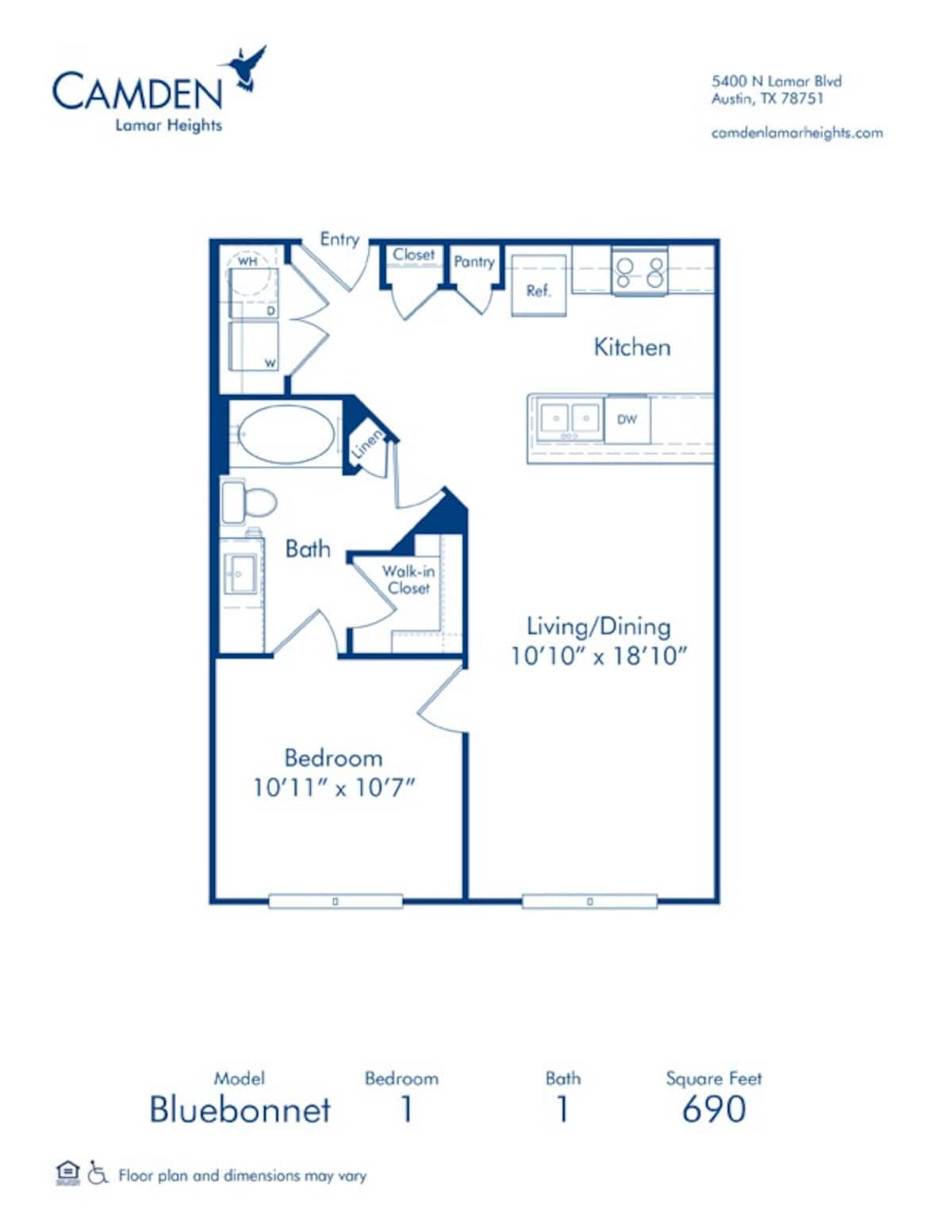 Floorplan diagram for Bluebonnet, showing 1 bedroom