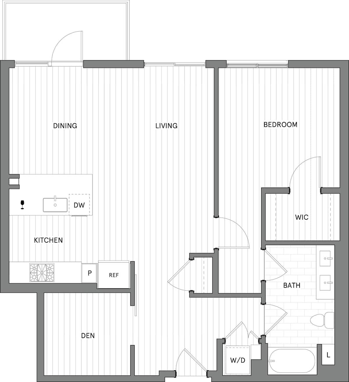Floorplan diagram for 1B+Den.A, showing 1 bedroom