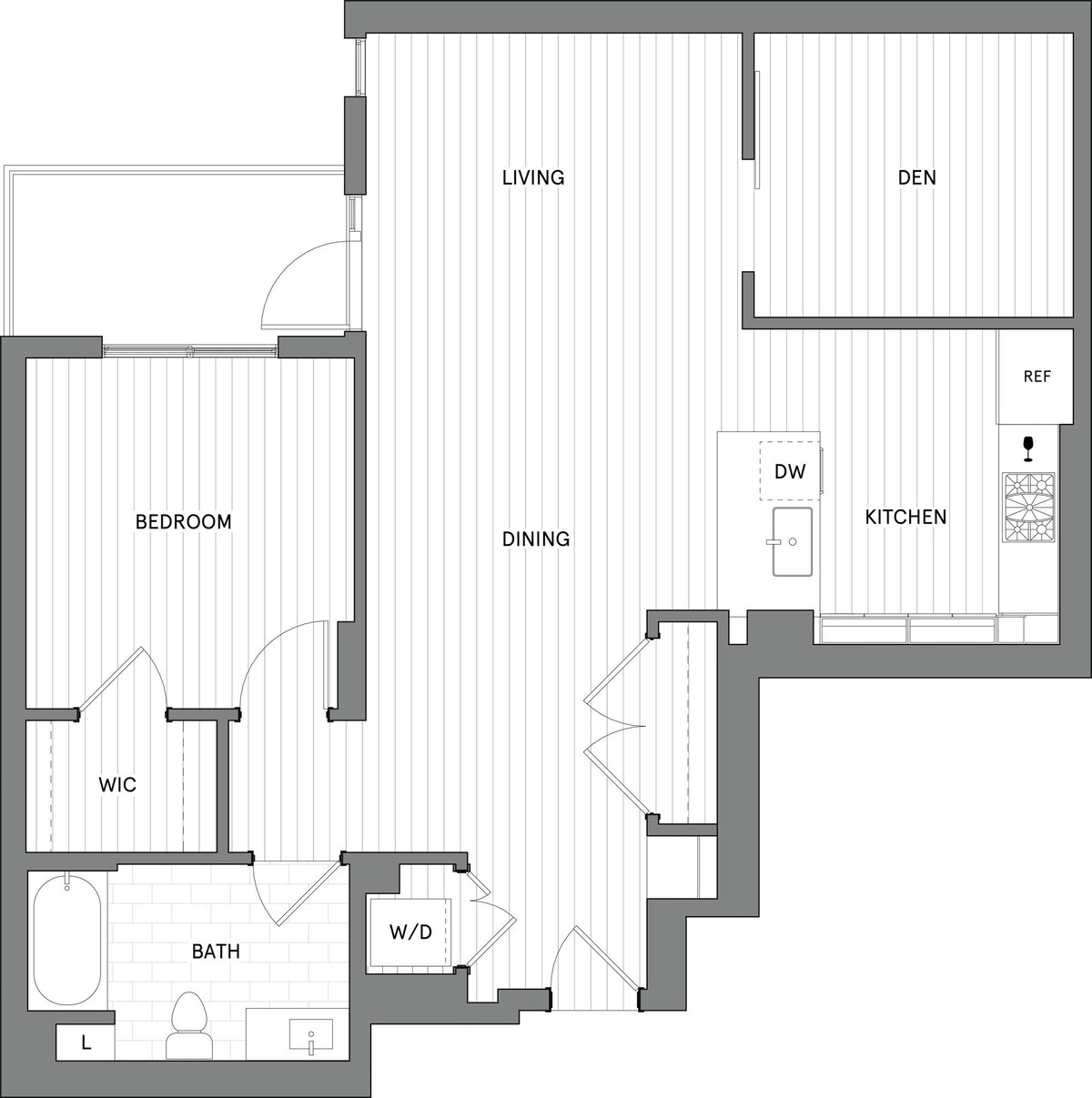 Plano de 1B+Den.B (muestra 1 dormitorio)