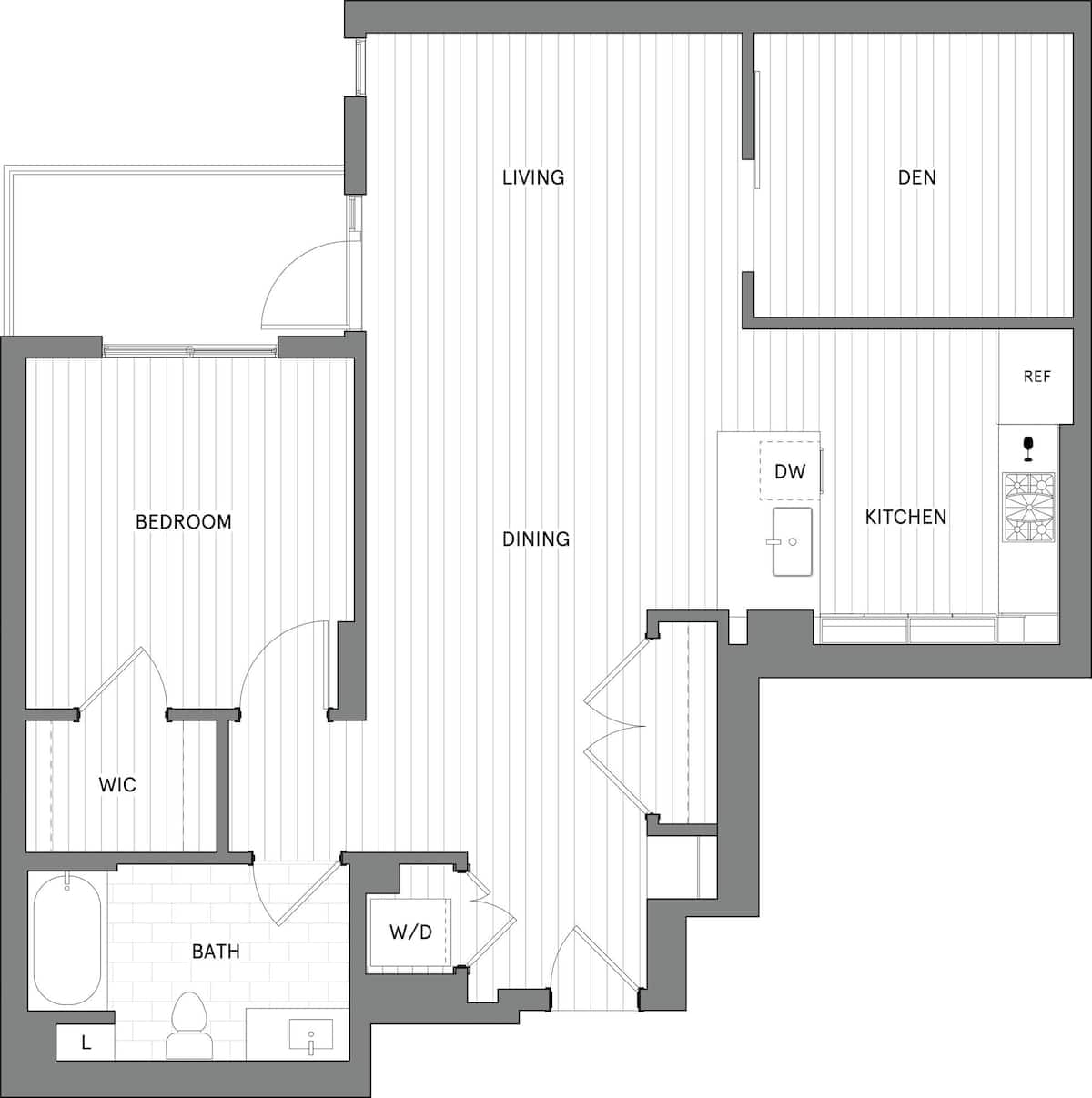 Floorplan diagram for 1B+Den.B, showing 1 bedroom