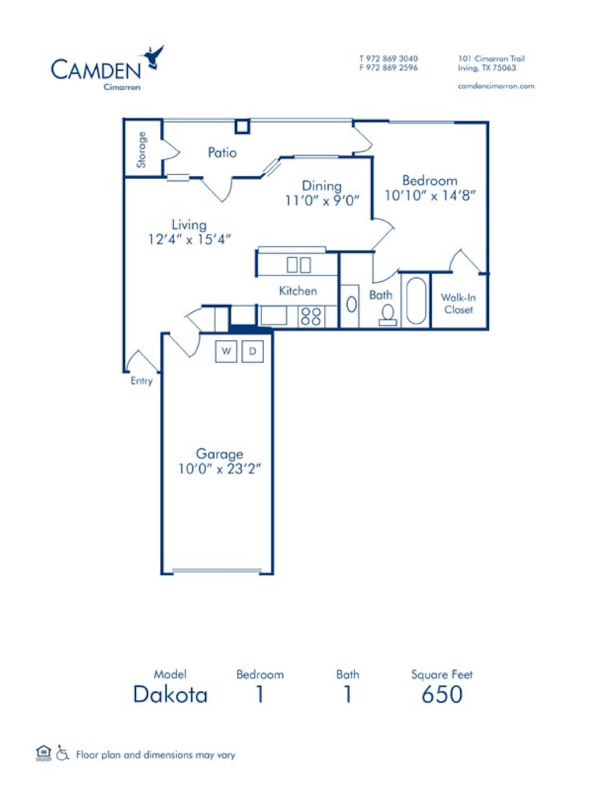 Floorplan diagram for Dakota, showing 1 bedroom