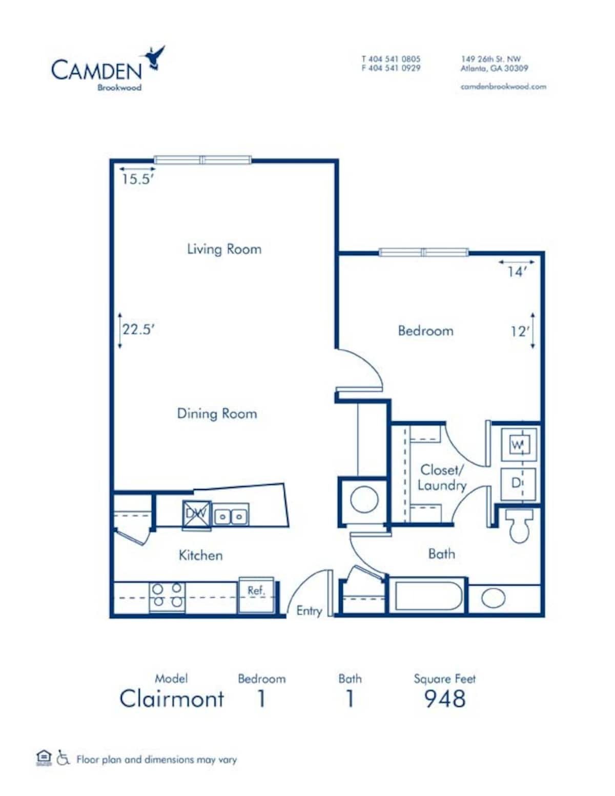 Floorplan diagram for Clairmont, showing 1 bedroom