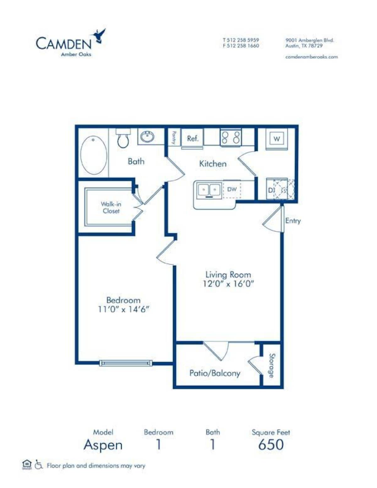 Floorplan diagram for Aspen, showing 1 bedroom