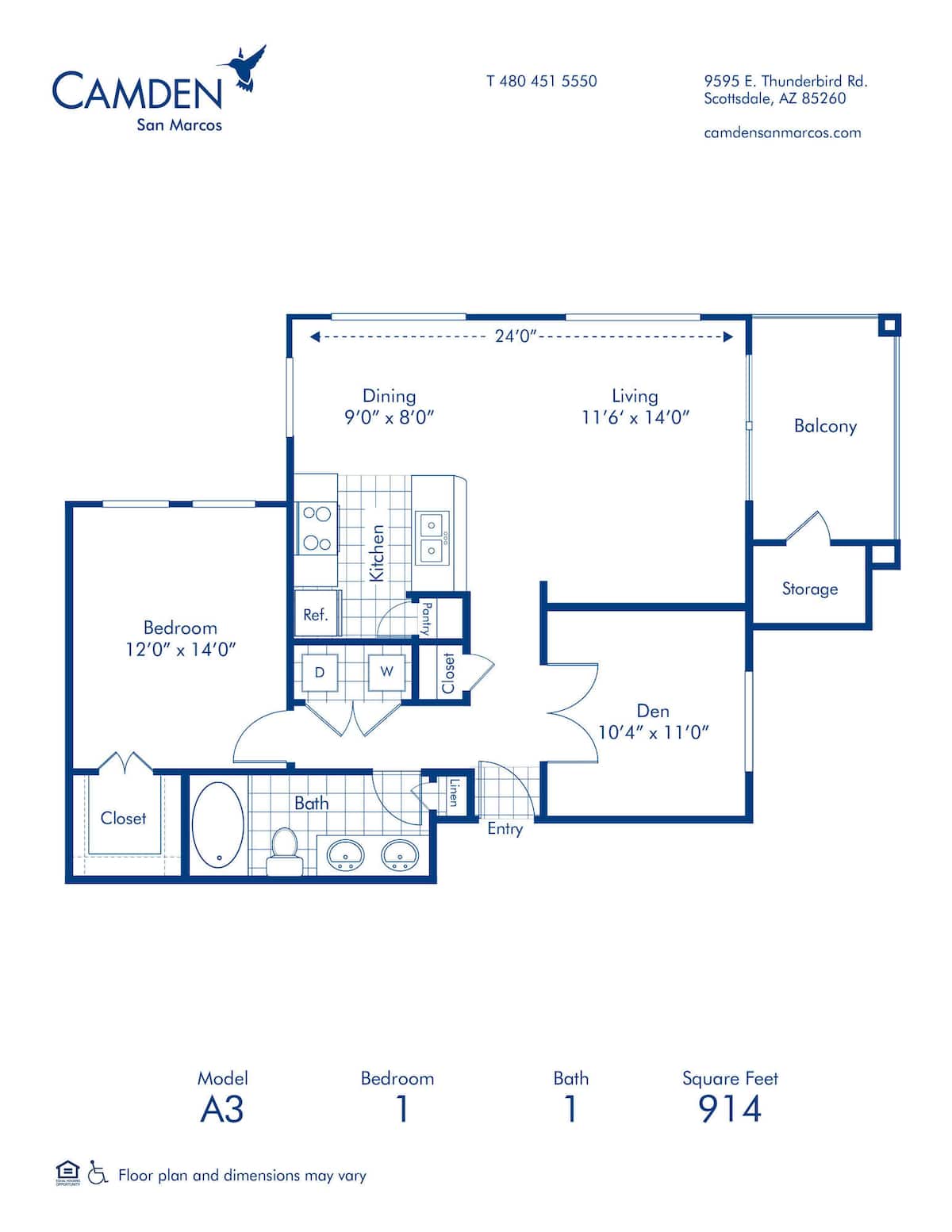 Floorplan diagram for A3 Den, showing 2 bedroom