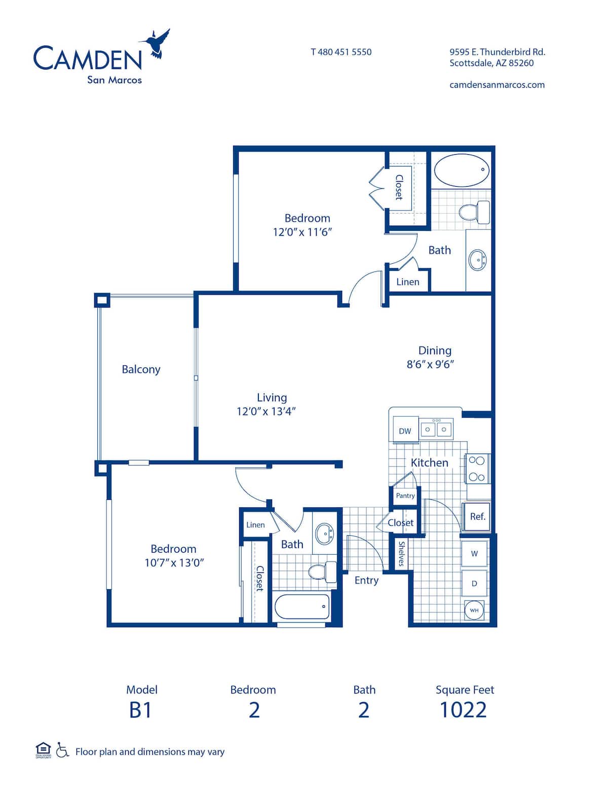Floorplan diagram for B1, showing 2 bedroom
