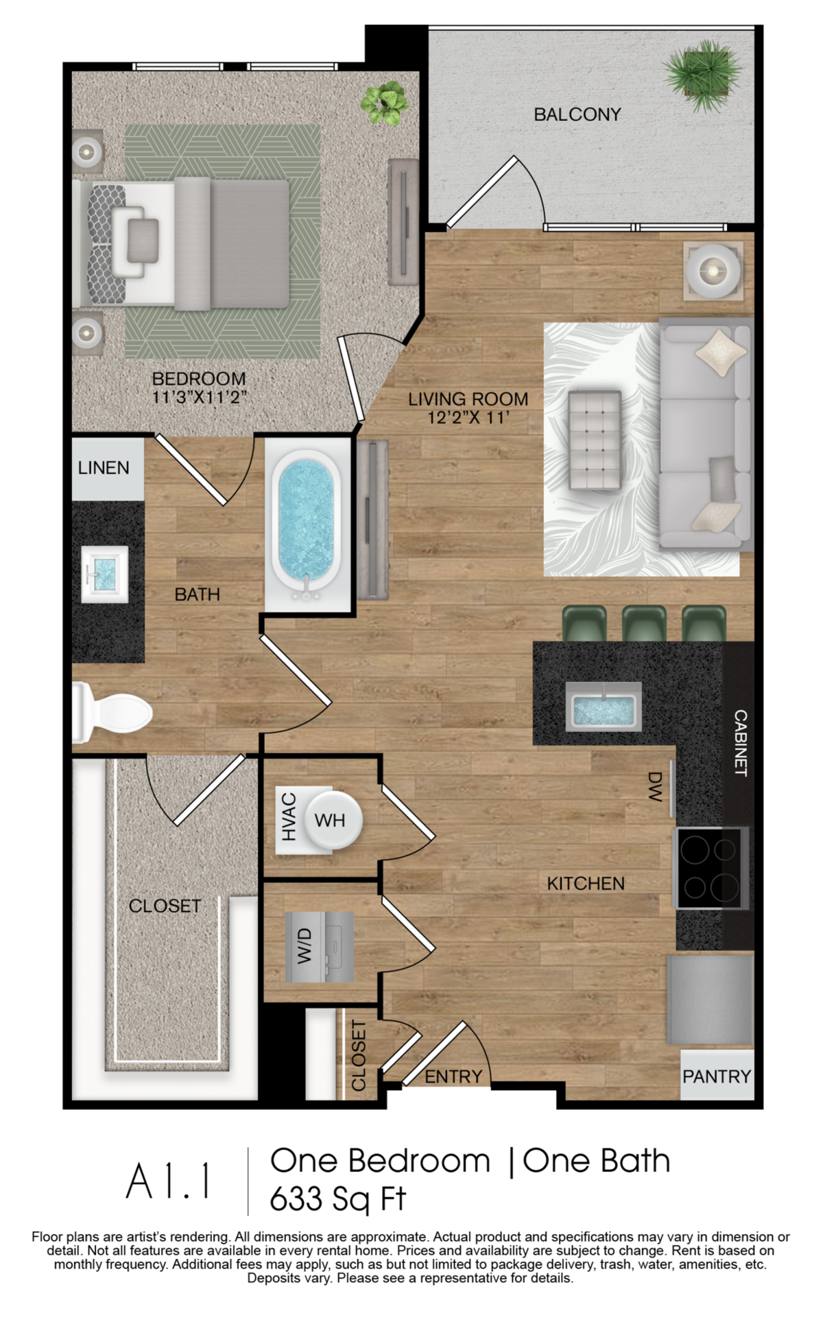Floorplan diagram for A1.1, showing 1 bedroom