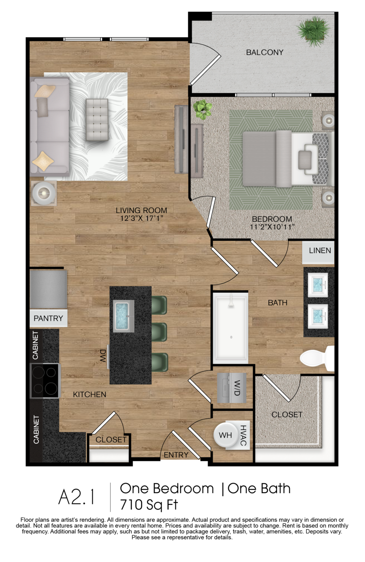 Floorplan diagram for A2.1, showing 1 bedroom