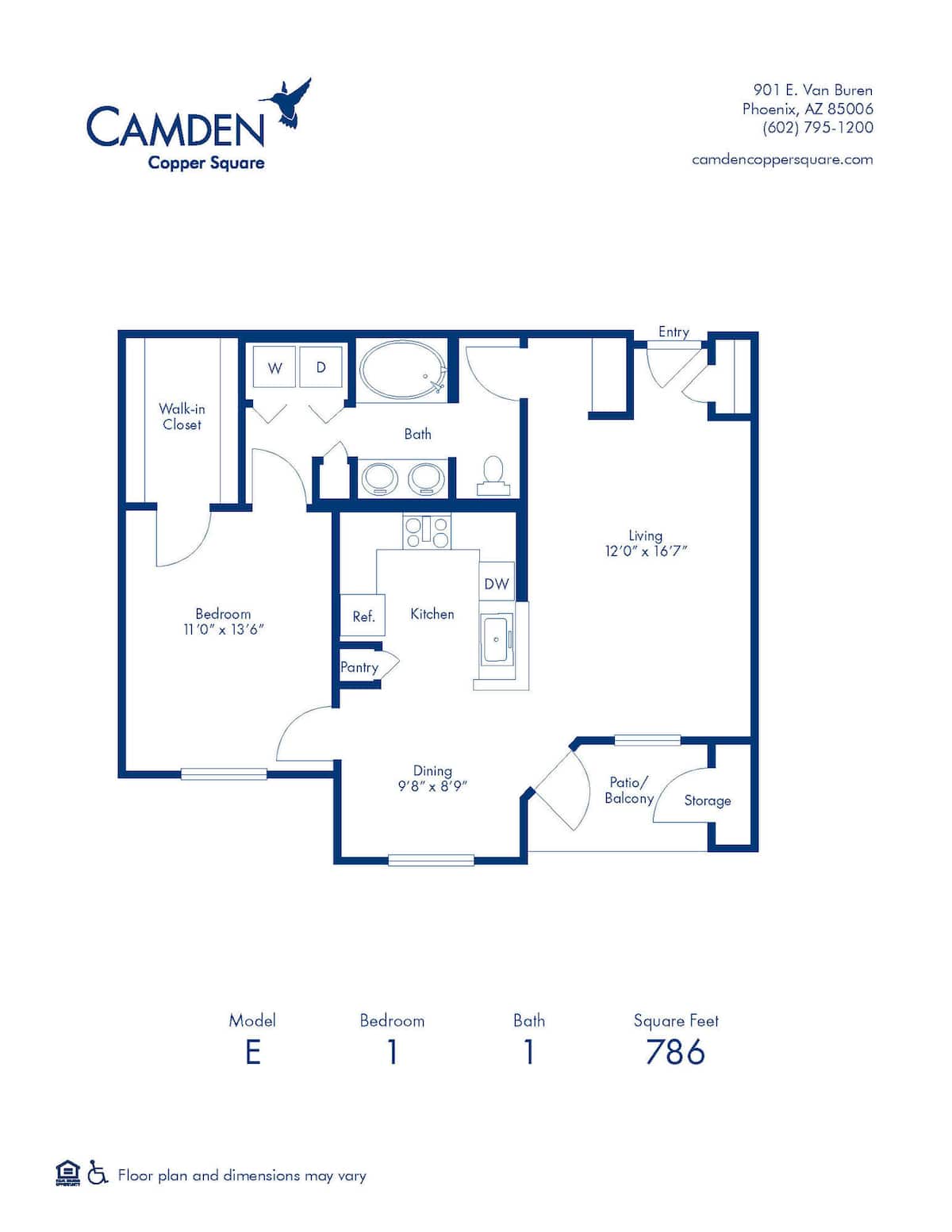 Floorplan diagram for E, showing 1 bedroom