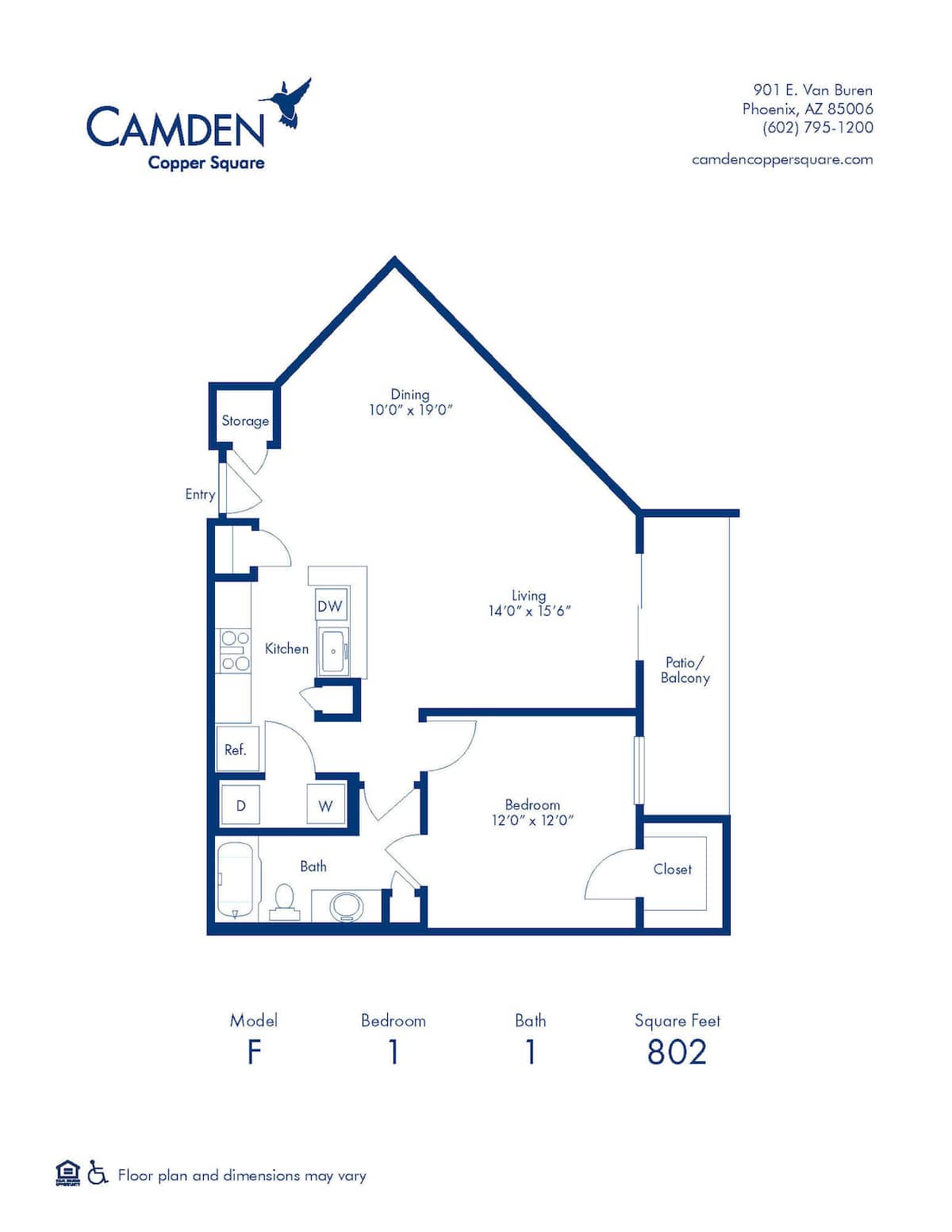 Floorplan diagram for F, showing 1 bedroom